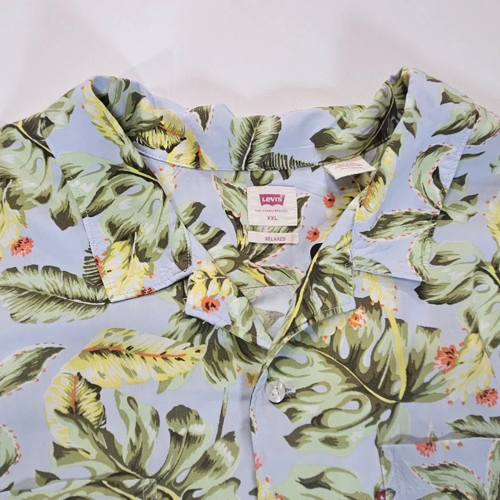 Levis Shirt Mens 2XL Blue Tropical Hawaiian Classic Camper Relaxed Fit Button Up